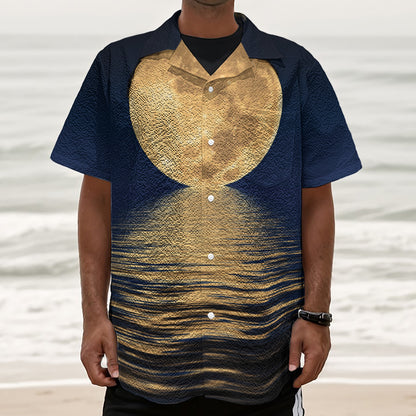 Moonlight On The Sea Print Textured Short Sleeve Shirt