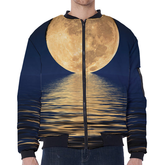 Moonlight On The Sea Print Zip Sleeve Bomber Jacket