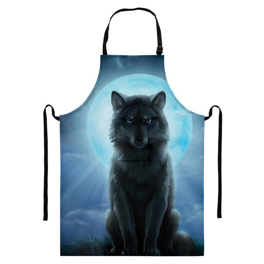 Moonlight Wolf Print Bib Apron With Pocket