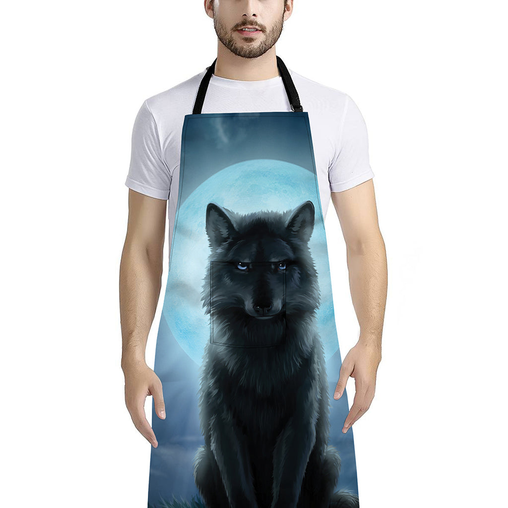 Moonlight Wolf Print Bib Apron With Pocket