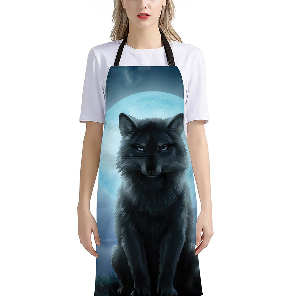 Moonlight Wolf Print Bib Apron With Pocket