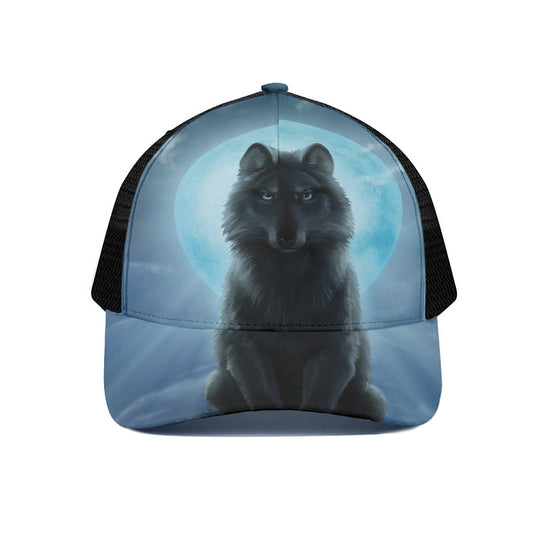 Moonlight Wolf Print Black Mesh Trucker Cap