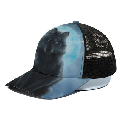 Moonlight Wolf Print Black Mesh Trucker Cap