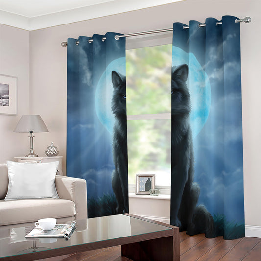 Moonlight Wolf Print Blackout Grommet Curtains