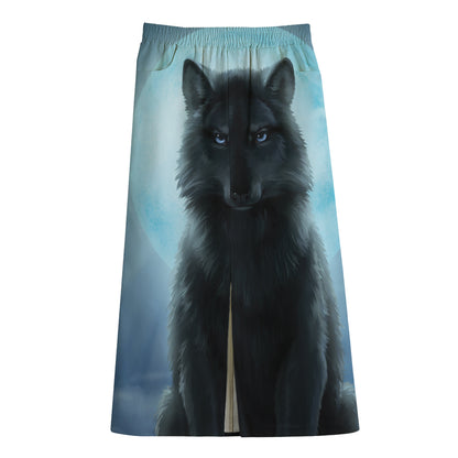 Moonlight Wolf Print Cotton Front Slit Maxi Skirt