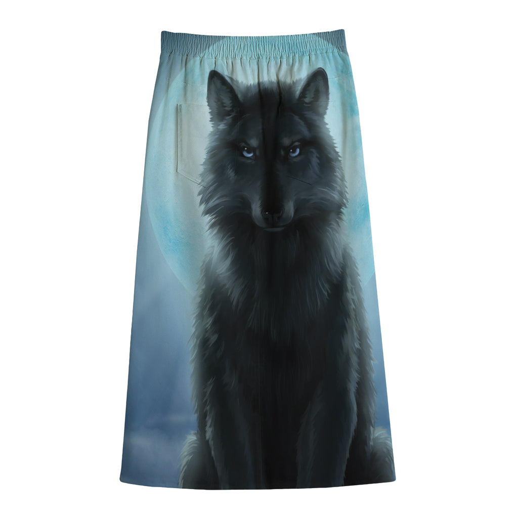 Moonlight Wolf Print Cotton Front Slit Maxi Skirt