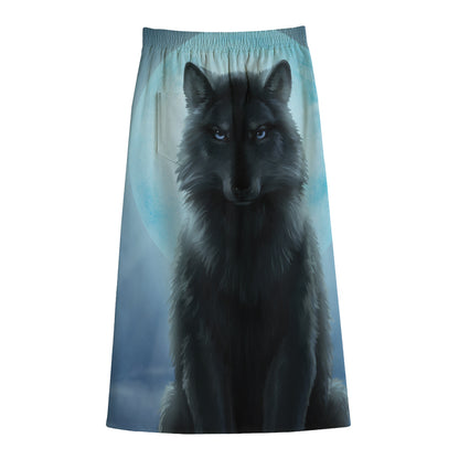 Moonlight Wolf Print Cotton Front Slit Maxi Skirt