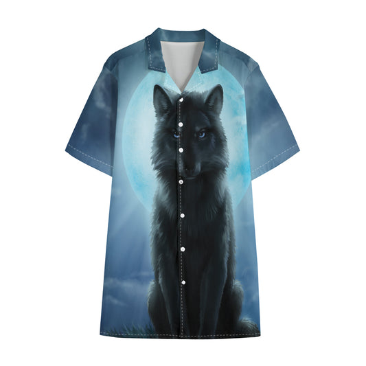 Moonlight Wolf Print Cotton Hawaiian Shirt