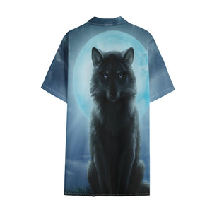Moonlight Wolf Print Cotton Hawaiian Shirt