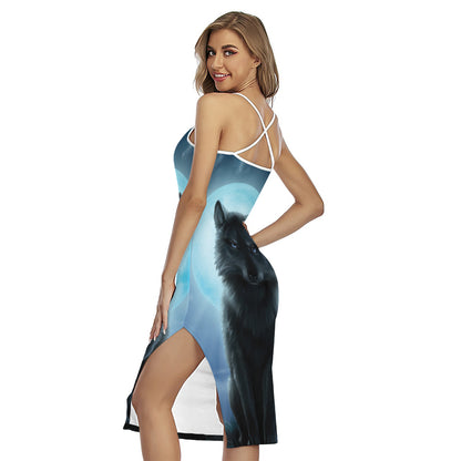 Moonlight Wolf Print Cross Back Cami Dress