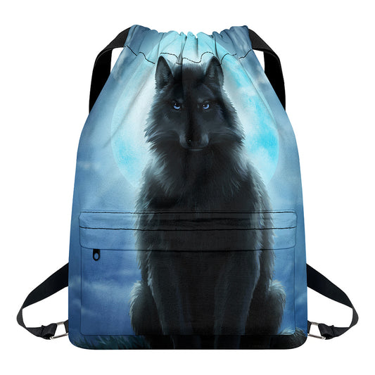Moonlight Wolf Print Drawstring Backpack