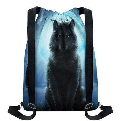 Moonlight Wolf Print Drawstring Backpack