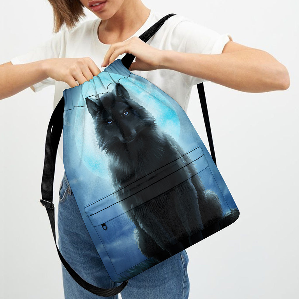 Moonlight Wolf Print Drawstring Backpack