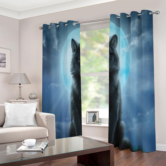 Moonlight Wolf Print Extra Wide Grommet Curtains
