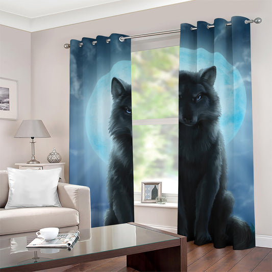 Moonlight Wolf Print Grommet Curtains