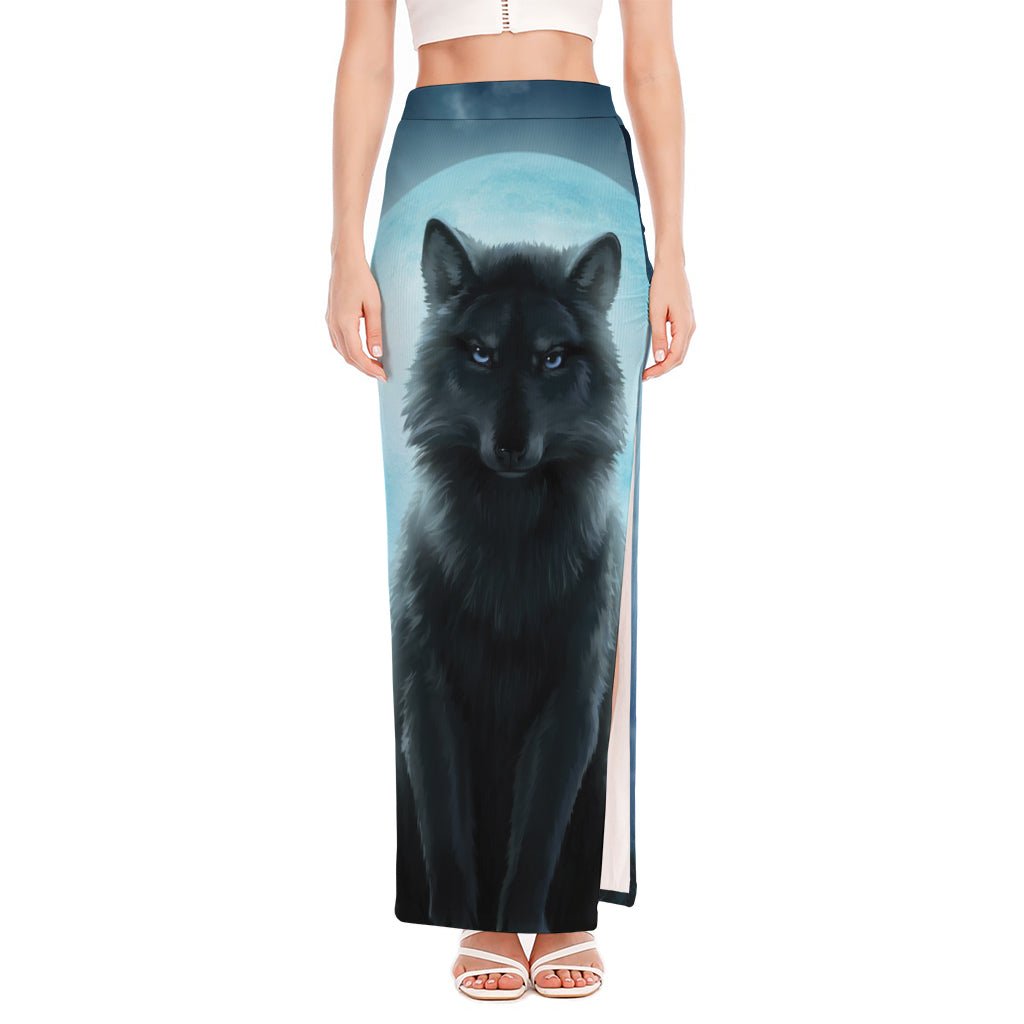 Moonlight Wolf Print High Slit Maxi Skirt