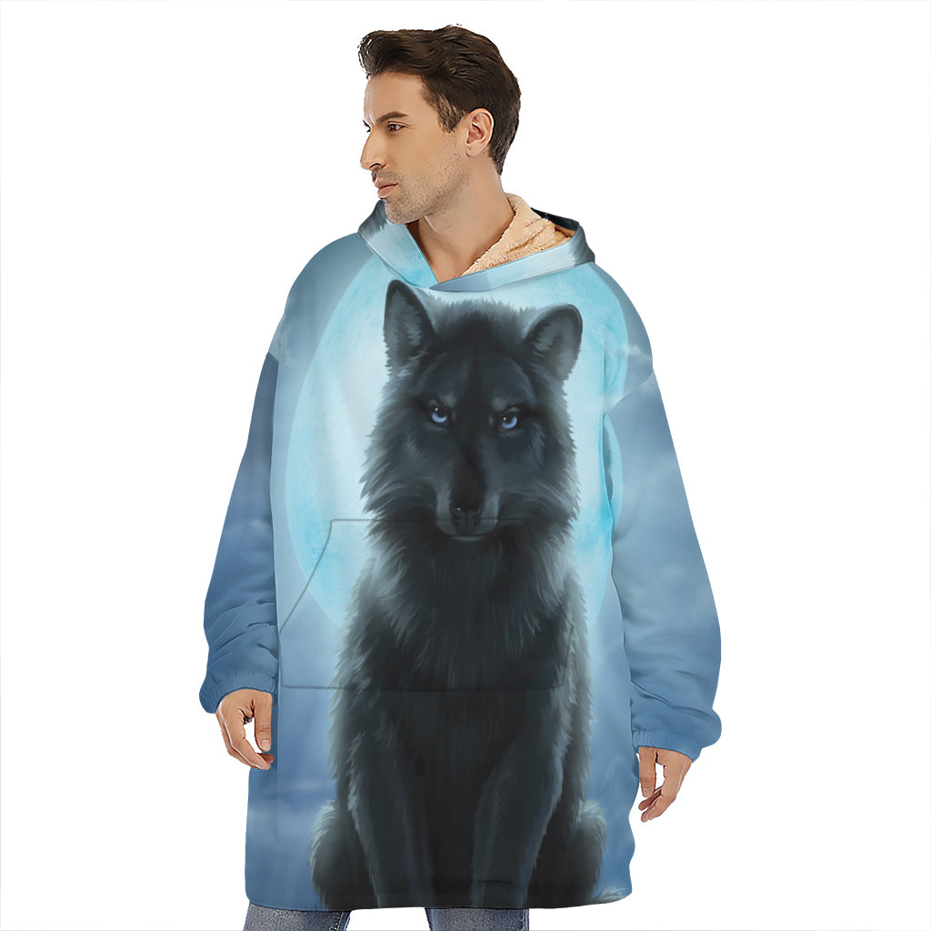 Moonlight Wolf Print Hoodie Blanket