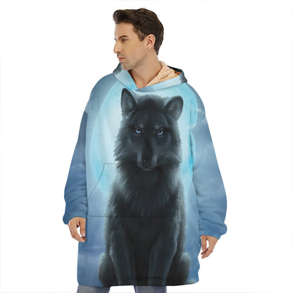 Moonlight Wolf Print Hoodie Blanket