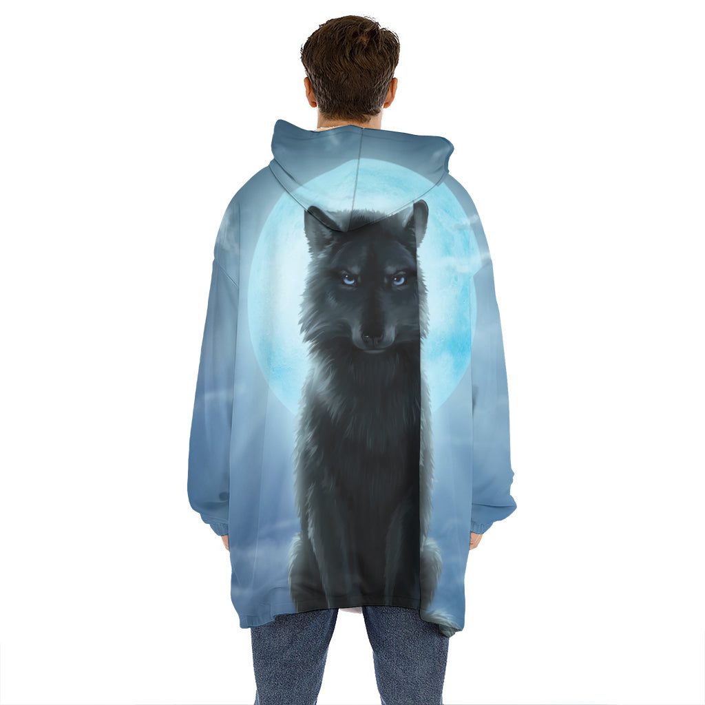 Moonlight Wolf Print Hoodie Blanket