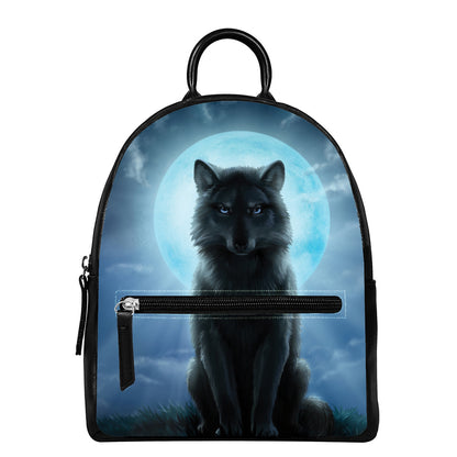 Moonlight Wolf Print Leather Backpack