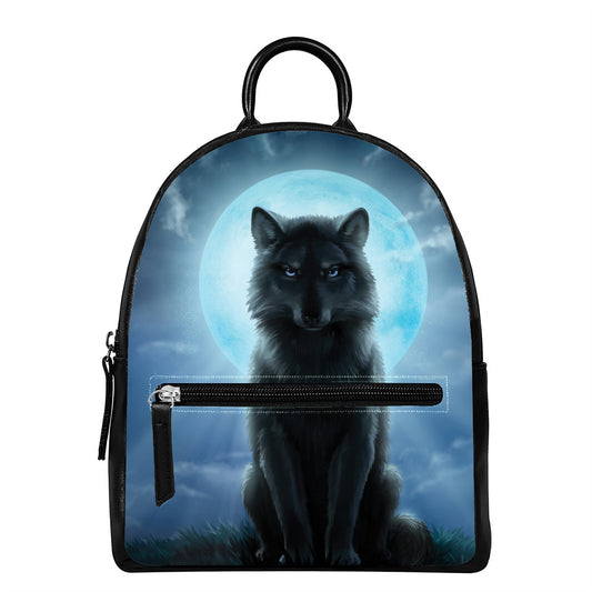 Moonlight Wolf Print Leather Backpack