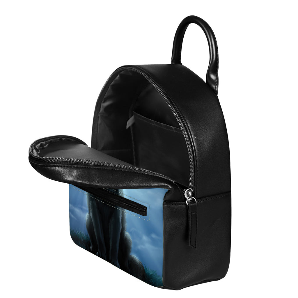 Moonlight Wolf Print Leather Backpack
