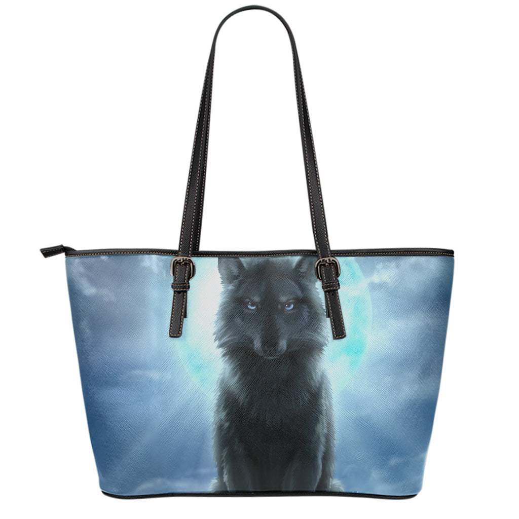 Moonlight Wolf Print Leather Tote Bag