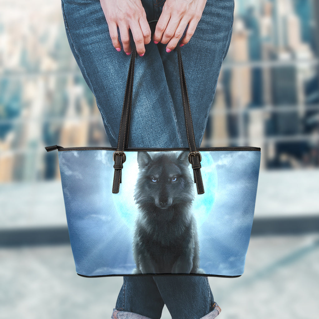Moonlight Wolf Print Leather Tote Bag