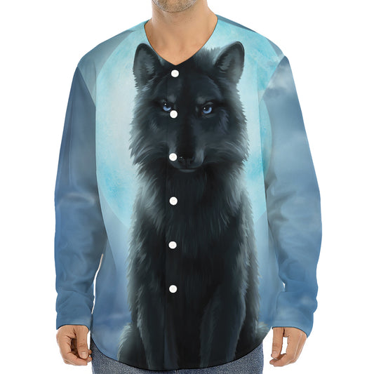 Moonlight Wolf Print Long Sleeve Baseball Jersey
