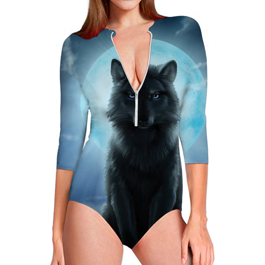 Moonlight Wolf Print Long Sleeve Swimsuit