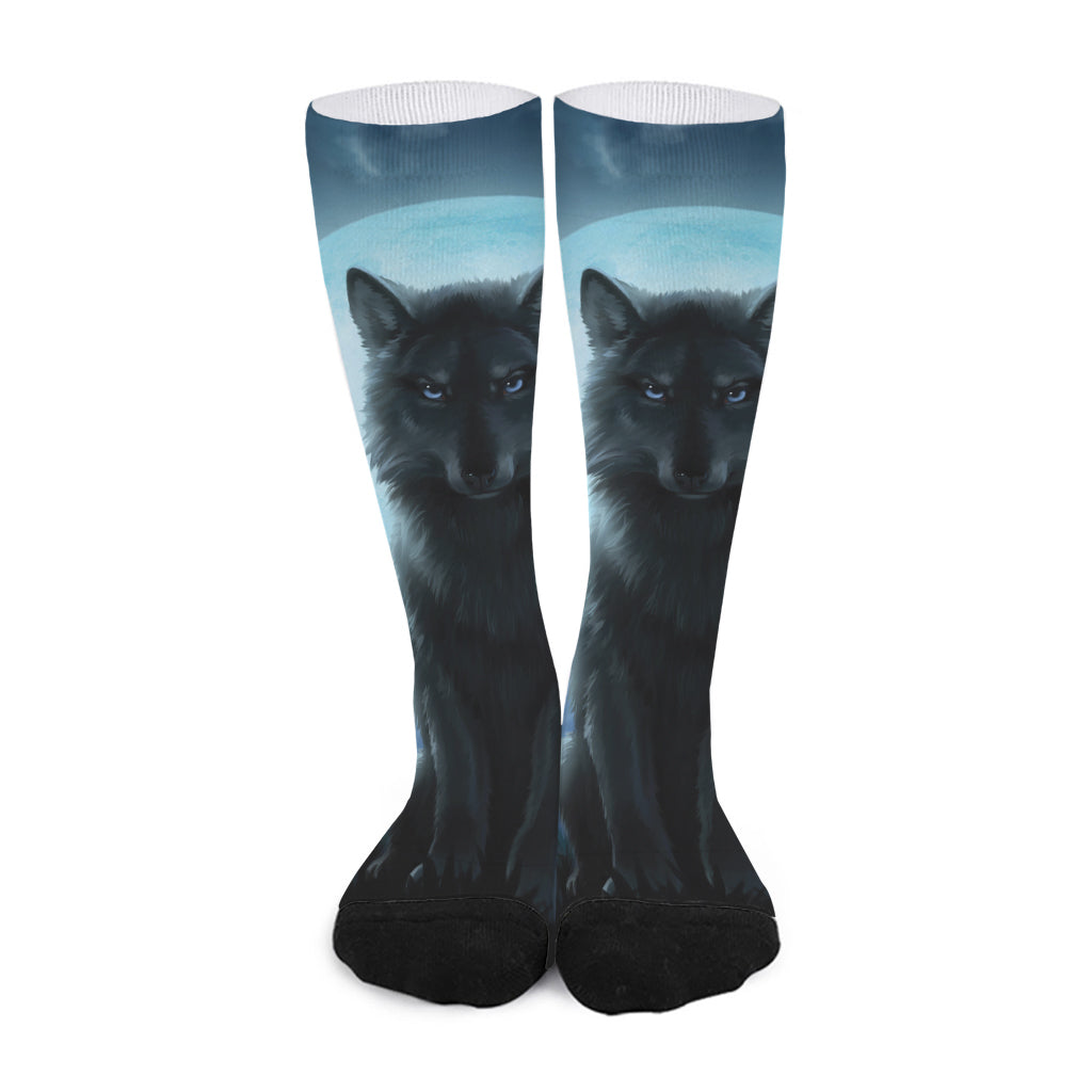 Moonlight Wolf Print Long Socks
