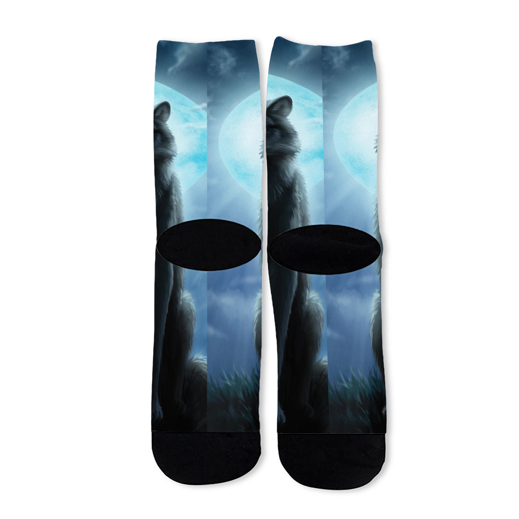 Moonlight Wolf Print Long Socks