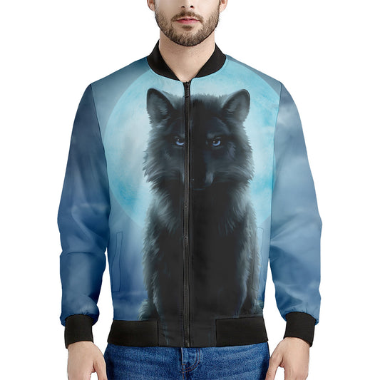 Moonlight Wolf Print Men's Bomber Jacket