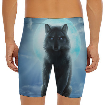 Moonlight Wolf Print Men's Long Boxer Briefs