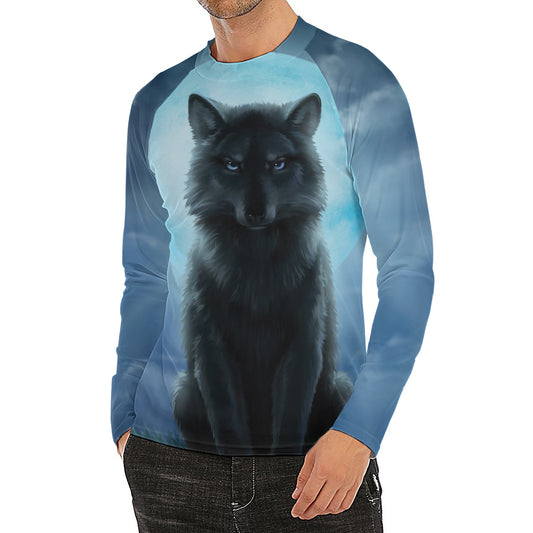 Moonlight Wolf Print Men's Long Sleeve Rash Guard