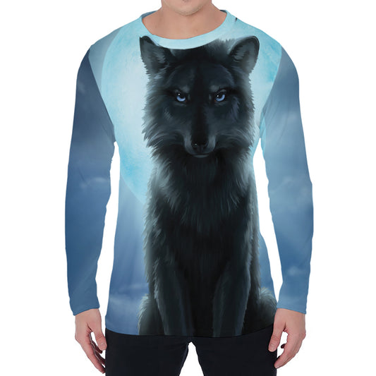 Moonlight Wolf Print Men's Long Sleeve T-Shirt