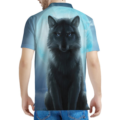 Moonlight Wolf Print Men's Polo Shirt
