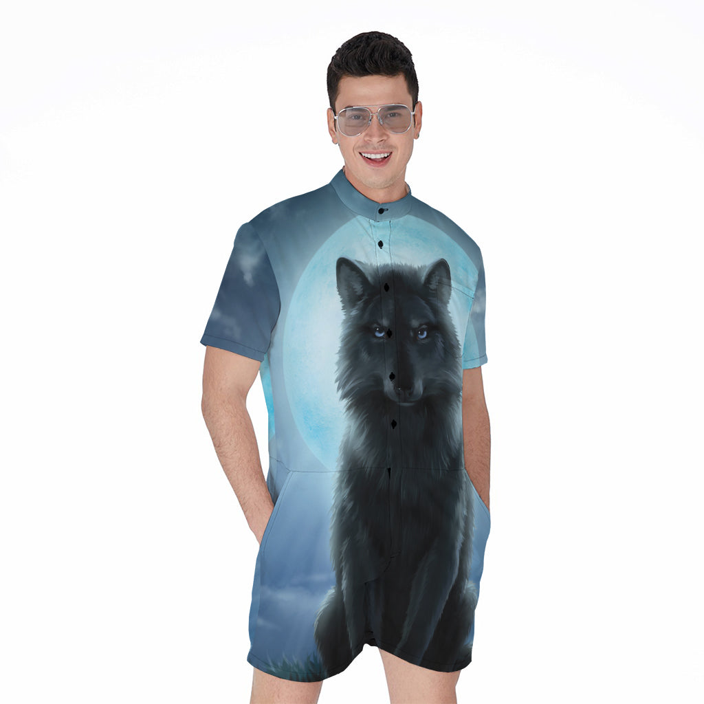 Moonlight Wolf Print Men's Rompers