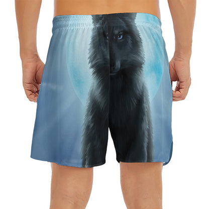 Moonlight Wolf Print Men's Split Running Shorts