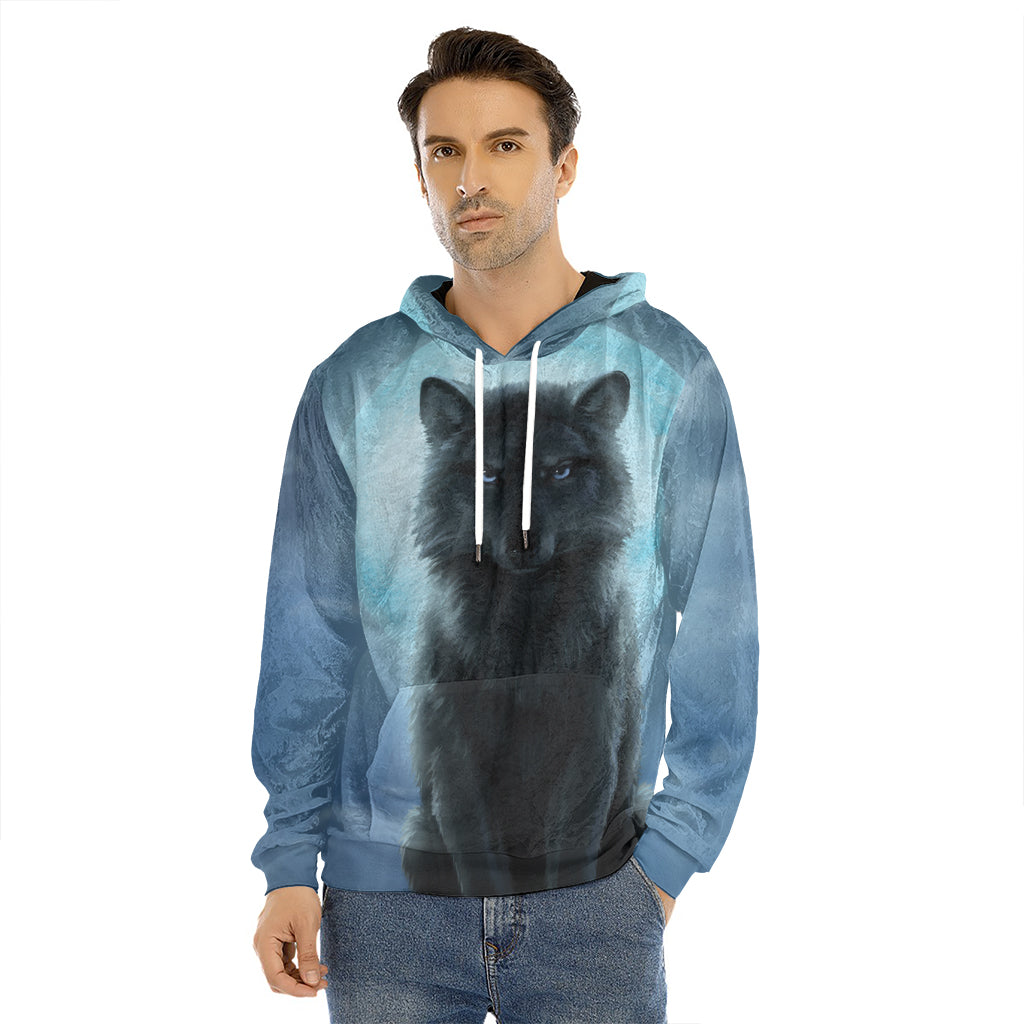 Moonlight Wolf Print Men's Velvet Pullover Hoodie