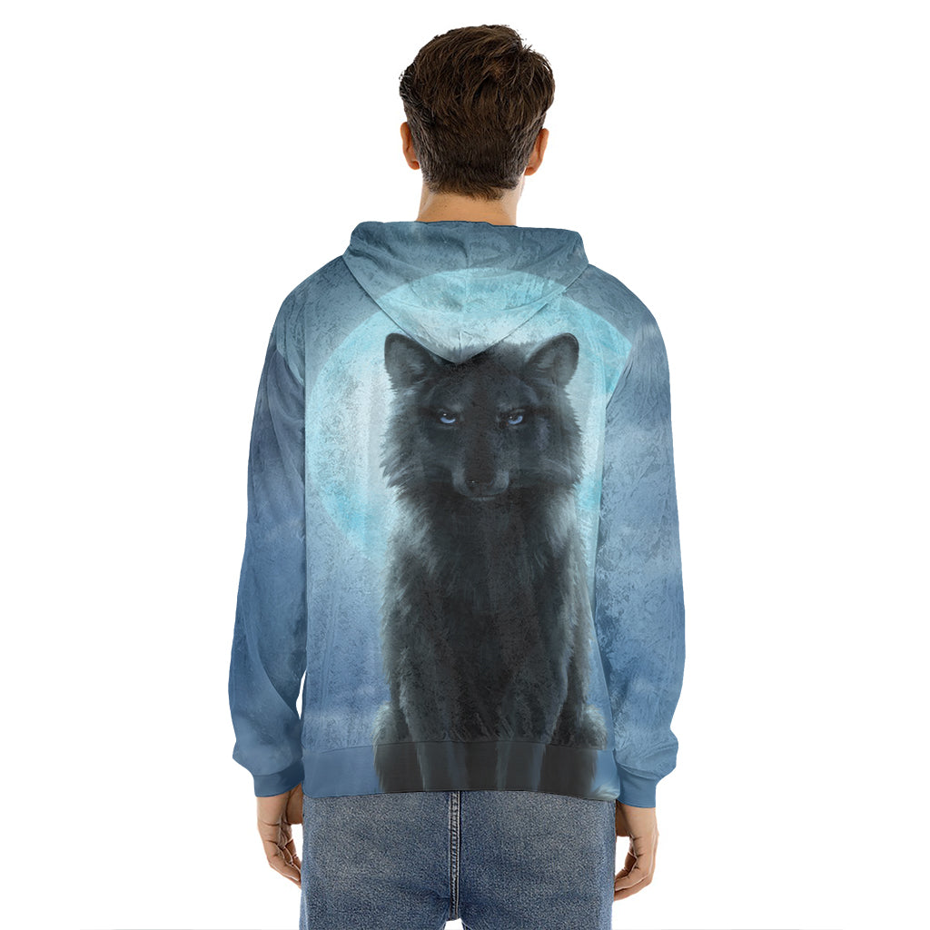 Moonlight Wolf Print Men's Velvet Pullover Hoodie
