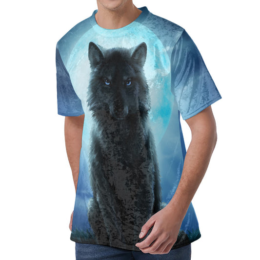 Moonlight Wolf Print Men's Velvet T-Shirt