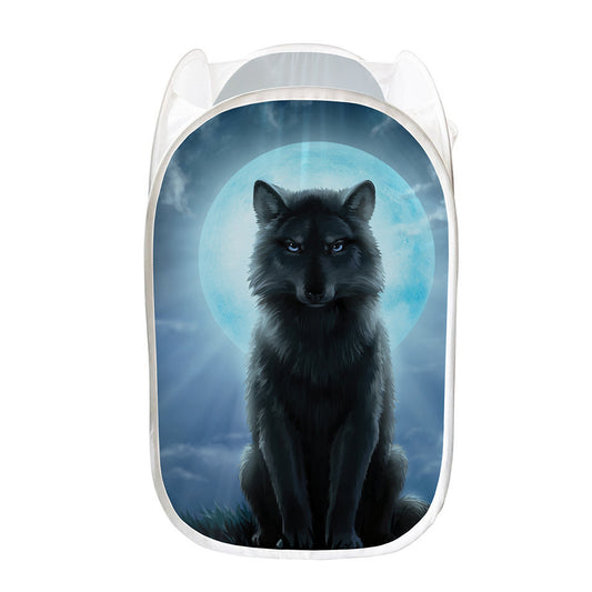 Moonlight Wolf Print Mesh Laundry Hamper