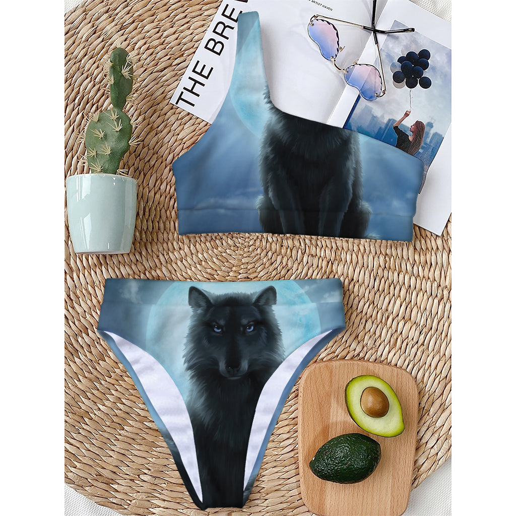 Moonlight Wolf Print One Shoulder Bikini Top