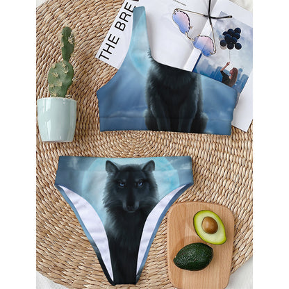 Moonlight Wolf Print One Shoulder Bikini Top