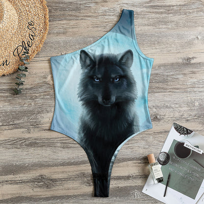 Moonlight Wolf Print One Shoulder Bodysuit