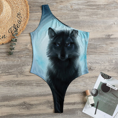 Moonlight Wolf Print One Shoulder Bodysuit