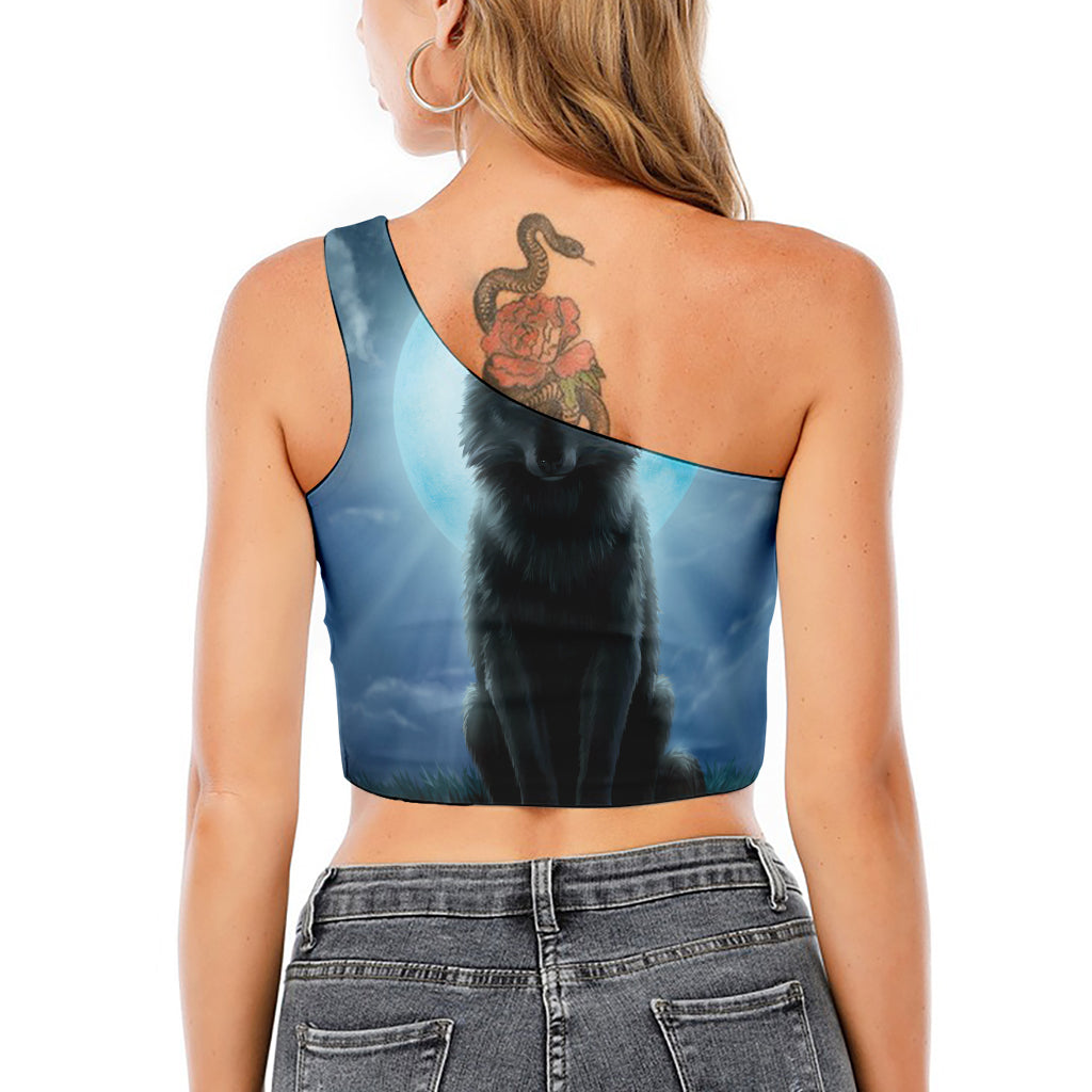 Moonlight Wolf Print One Shoulder Crop Top