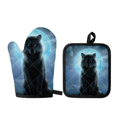 Moonlight Wolf Print Oven Mitt And Pot Holder Set