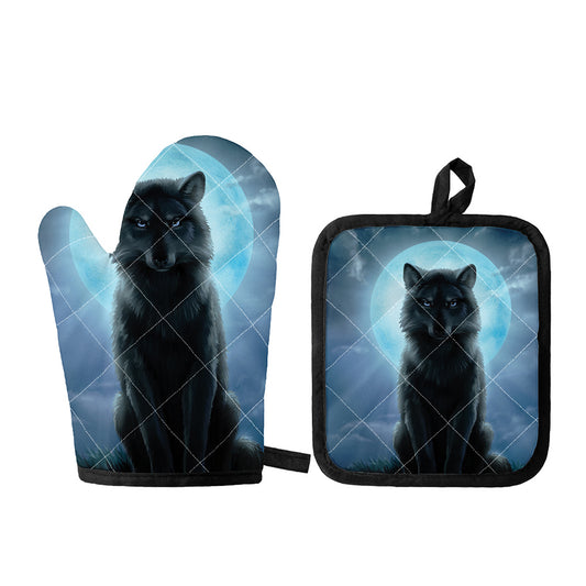 Moonlight Wolf Print Oven Mitt And Pot Holder Set